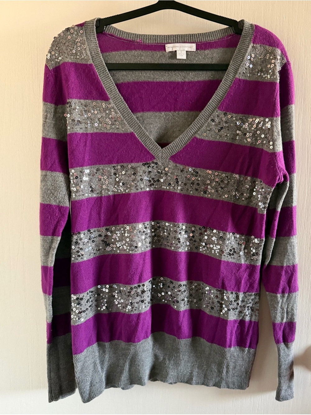 New York & Company Purple and Gray Striped Sequin V-Neck Sweater
